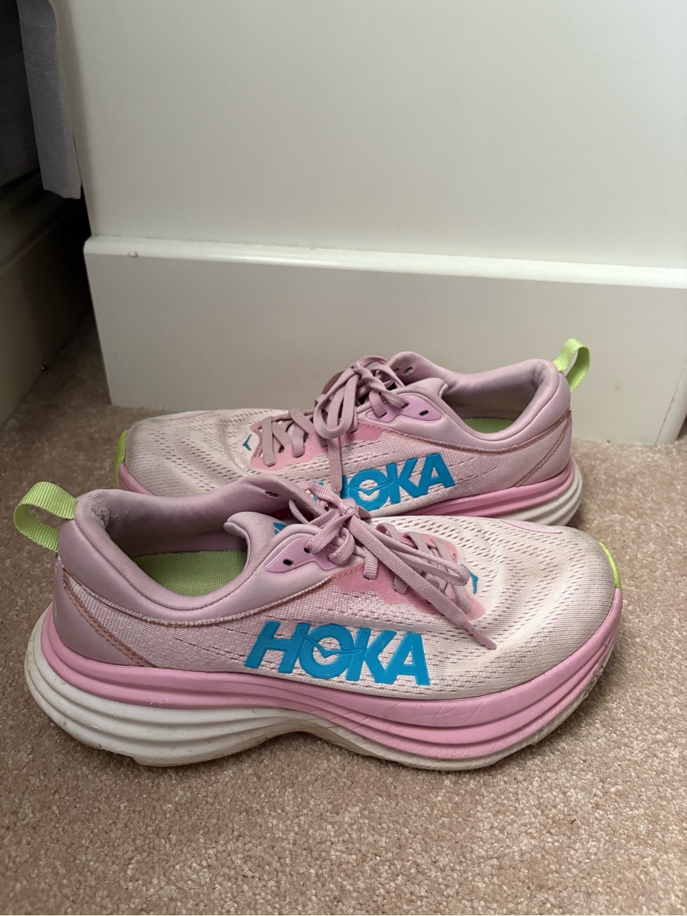 Hoka Pink Sneakers with Blue Logo and Lime Accents